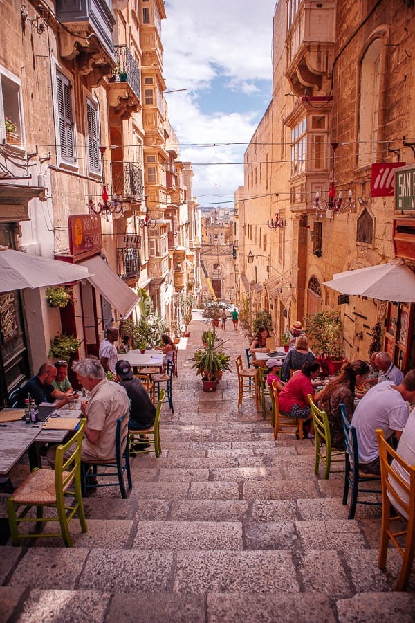 streets of Valletta with cafes on the sides