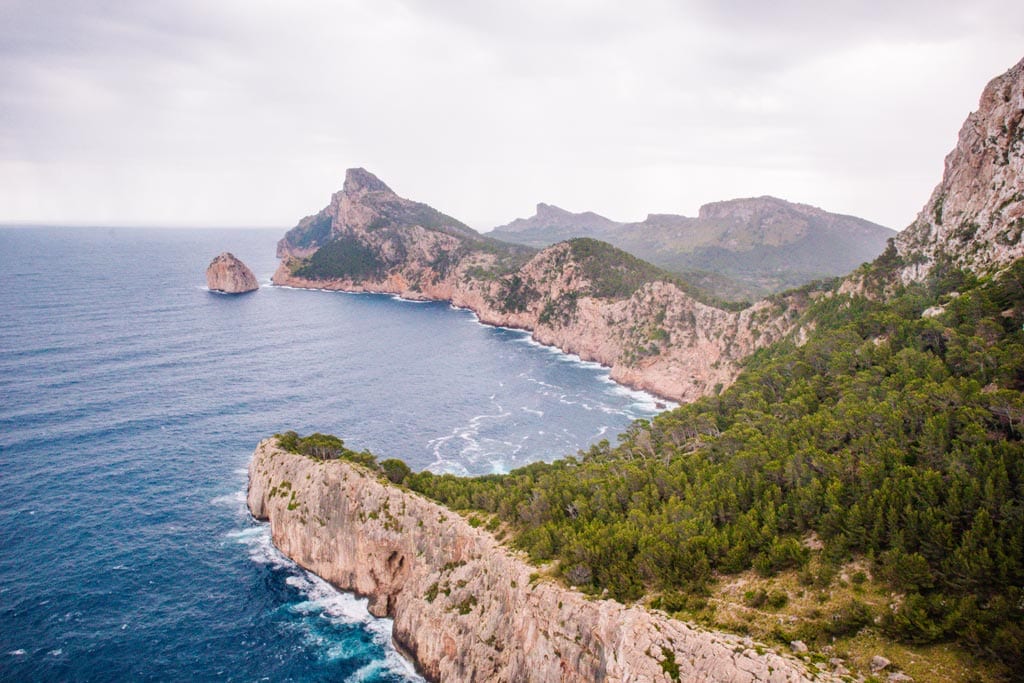 The views of the Serra de Tramuntana and Mediterranean coastline seen from Mirador Es Colomer, Mallorca