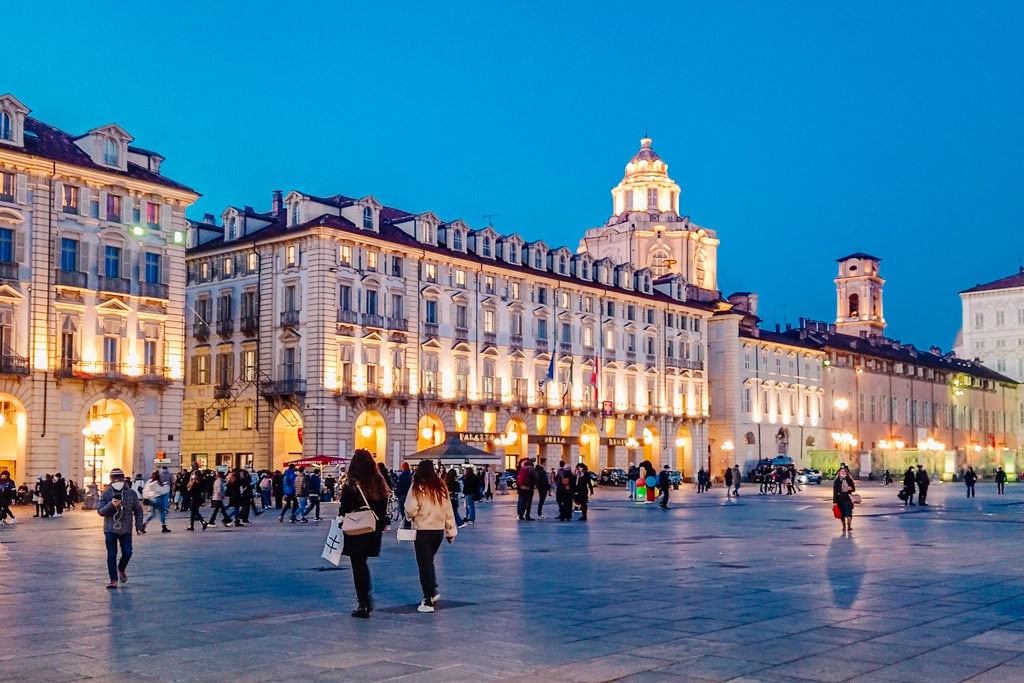 Piazza Castello in Turin illuminated at night