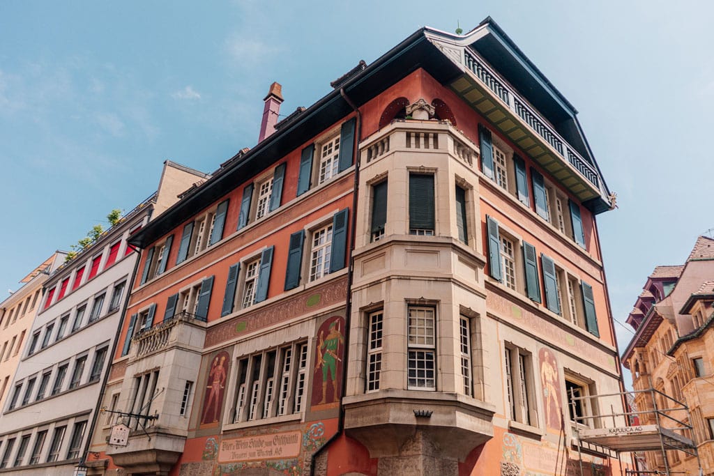 Unique colorful building in the old town of Basel