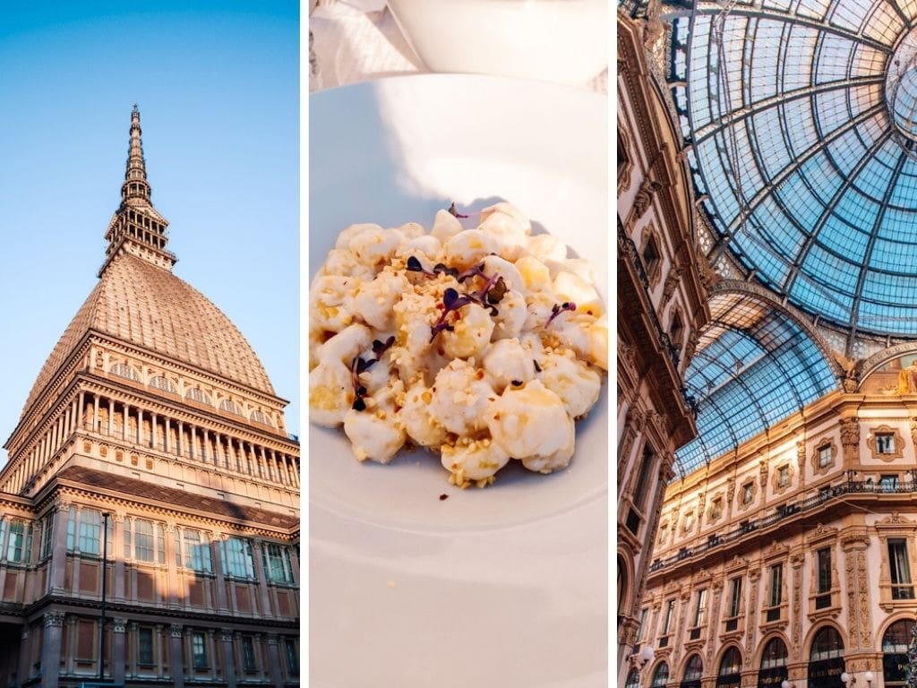 Flipboard cover with 3 photos - facade of Mole Antonelliana, gnocchi on a plate, inside of Galleria Vittorio Emmanuelle