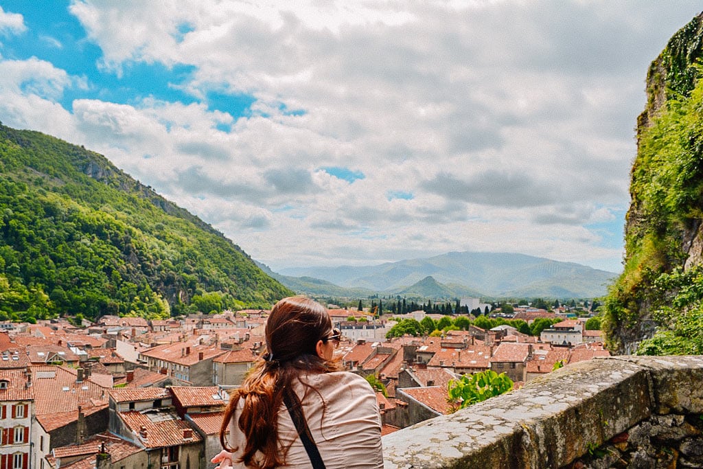 Rooftop views with surrounding mountains in Foix France
