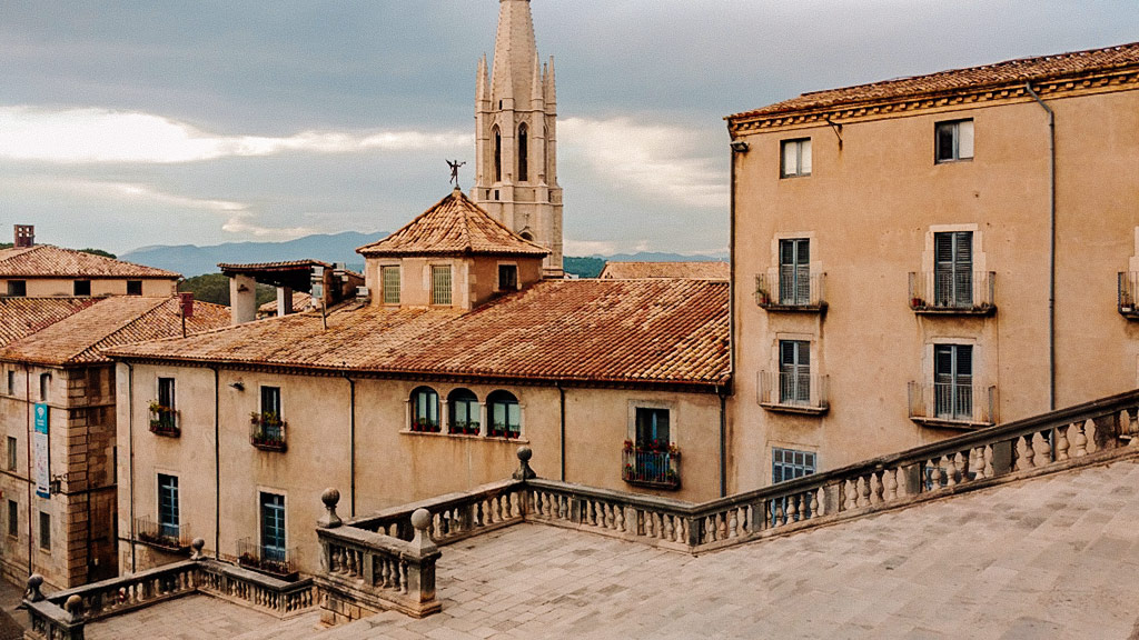 stairwell and old houses in Girona Spain