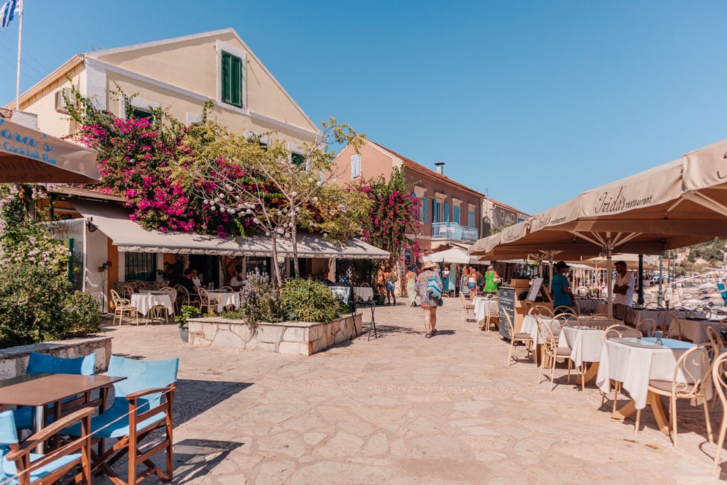 promenade with restaurants in Fiskardo Greece