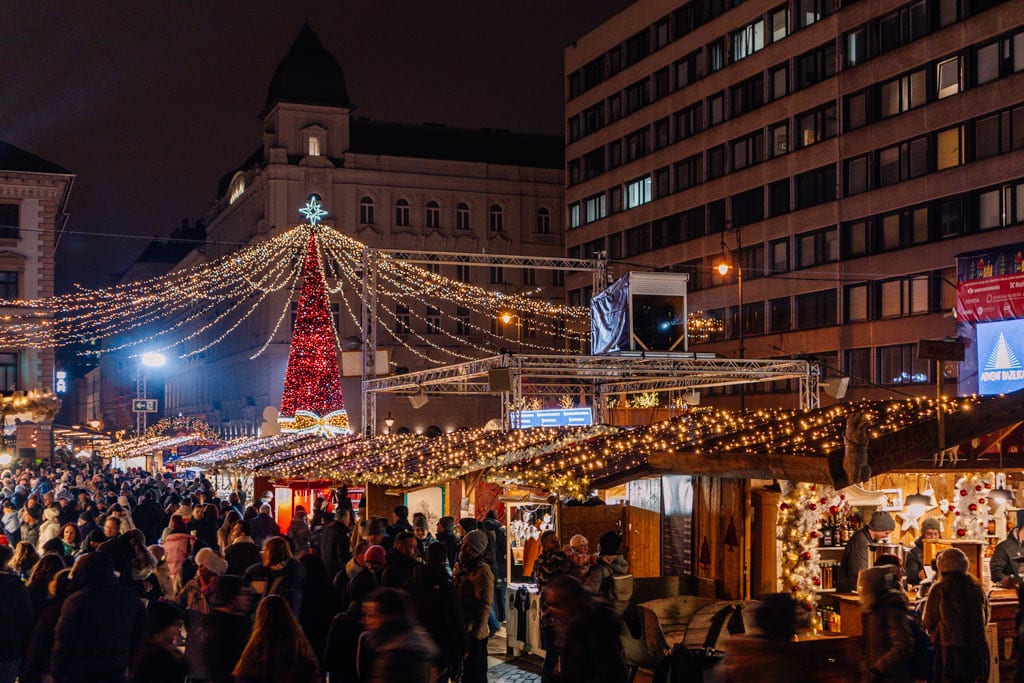 Views over St Stephens Basilica Christmas market in Budapest at night