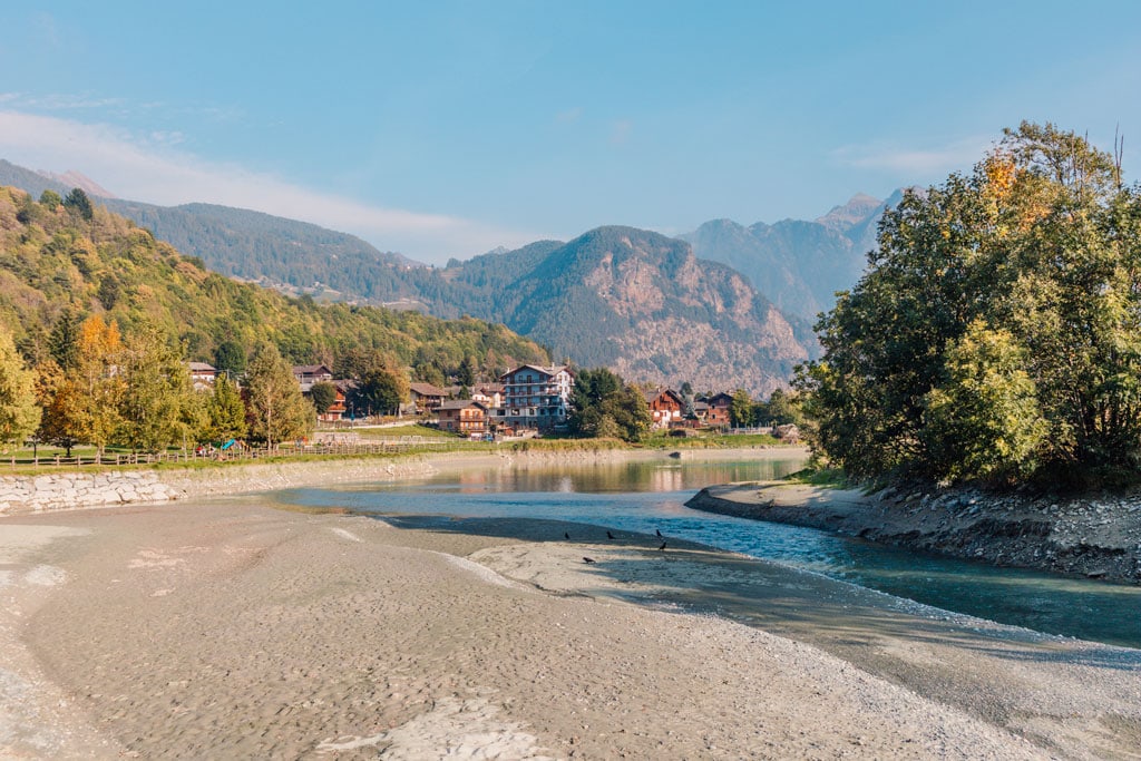 mountain and house views near Brusson Lake in Italy