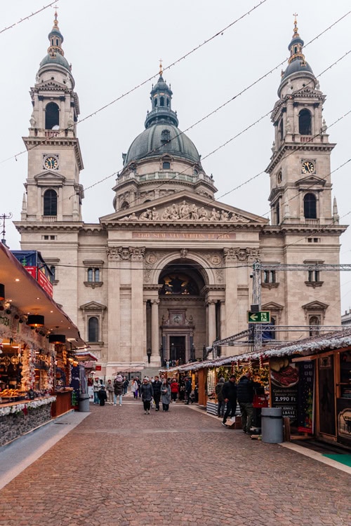 st stephens basilica in Budapest with some Christmas market stalls in front