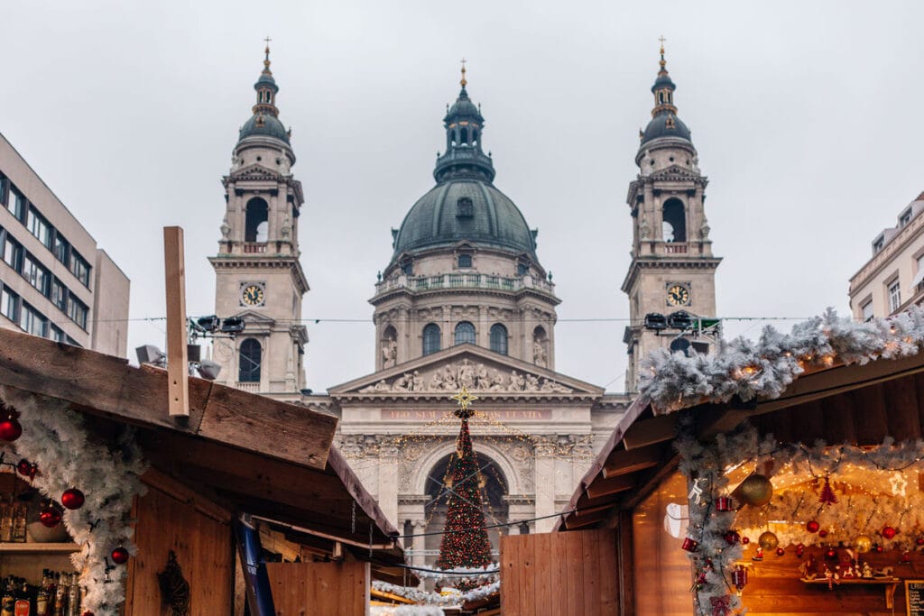 Christmas tree and market stalls in front of St. Stephen’s Basilica in Budapest