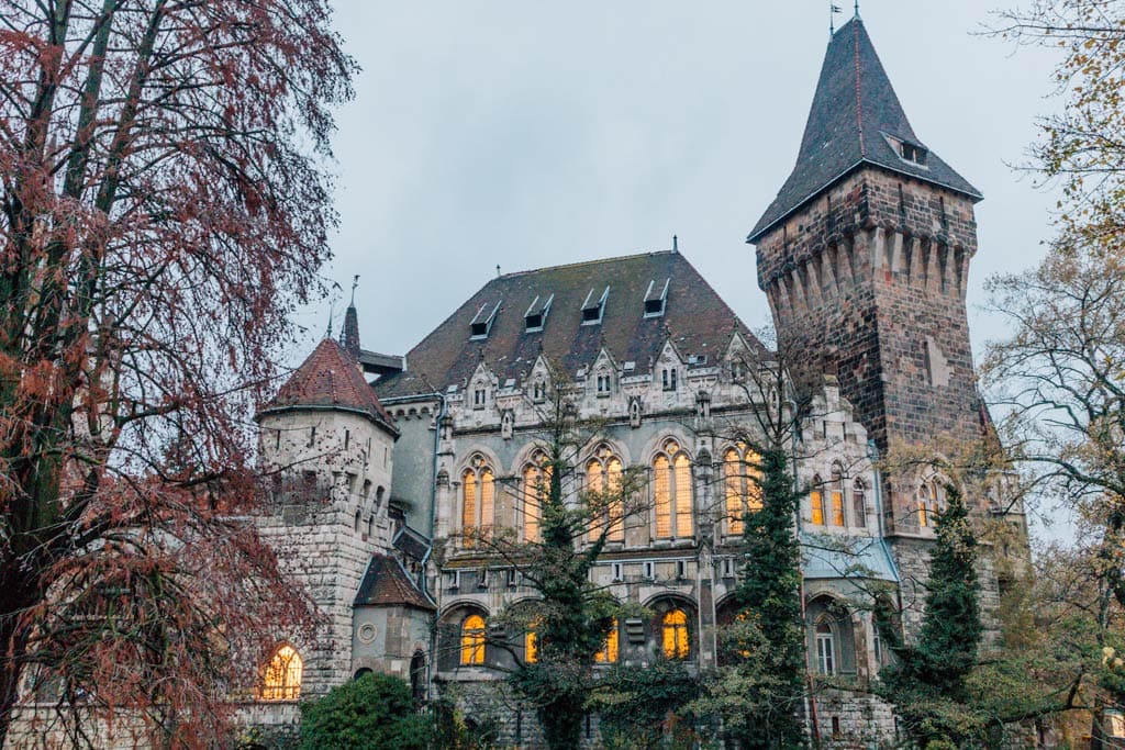 Facade of Vajdahunyad Castle in Budapest in fall