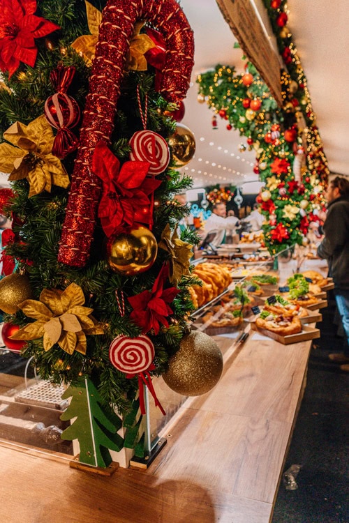 Food Christmas stall with decoration in Budapest